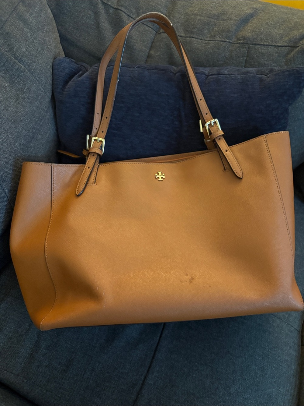 Tory Burch Tan Leather Double-Handle Tote with Gold Logo